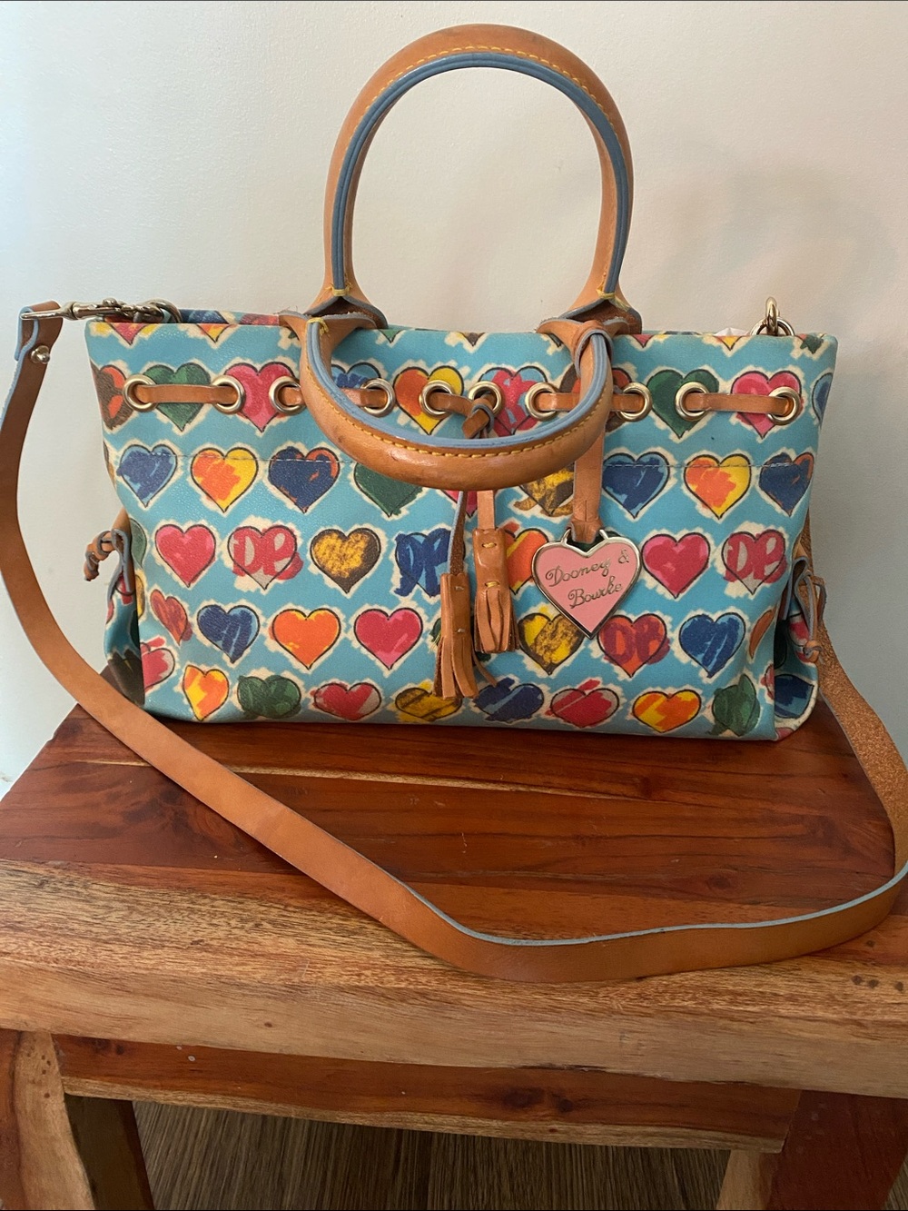 Vintage Y2K Dooney & Bourke Logo Blue Hearts Coated Leather Handbag Crossbody